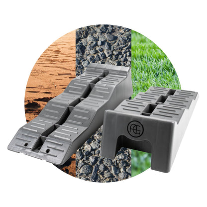 AG Automotive leveling ramps, leveling blocks for motorhomes, campers, and caravans. Womo Level Up ramp in gray for leveling on uneven surfaces while camping.