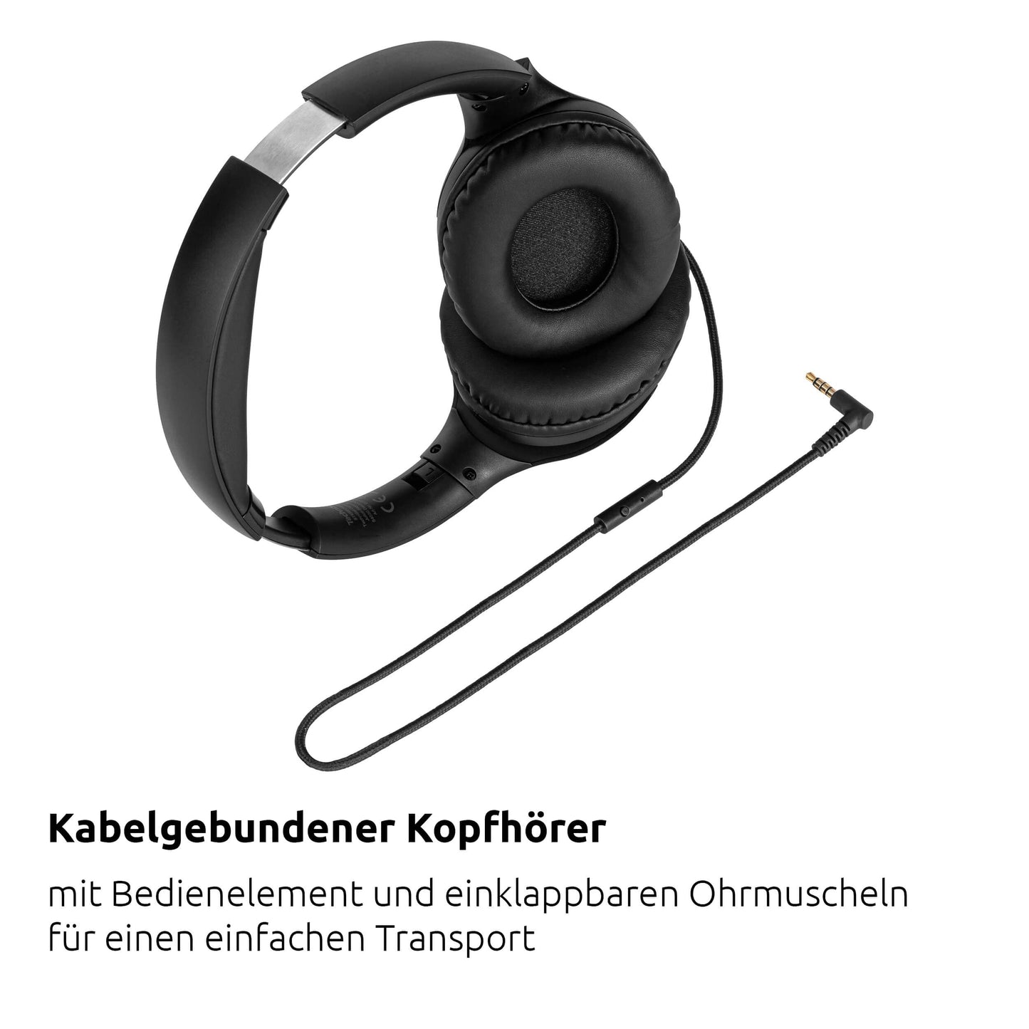 TechniSat STEREOMAN 3 - compact Hi-Fi cable headphones (padded ear cups made of PU leather, over-ear, adjustable headphone length, foldable ear cups, control unit including microphone) black