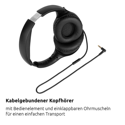 TechniSat STEREOMAN 3 - compact Hi-Fi cable headphones (padded ear cups made of PU leather, over-ear, adjustable headphone length, foldable ear cups, control unit including microphone) black
