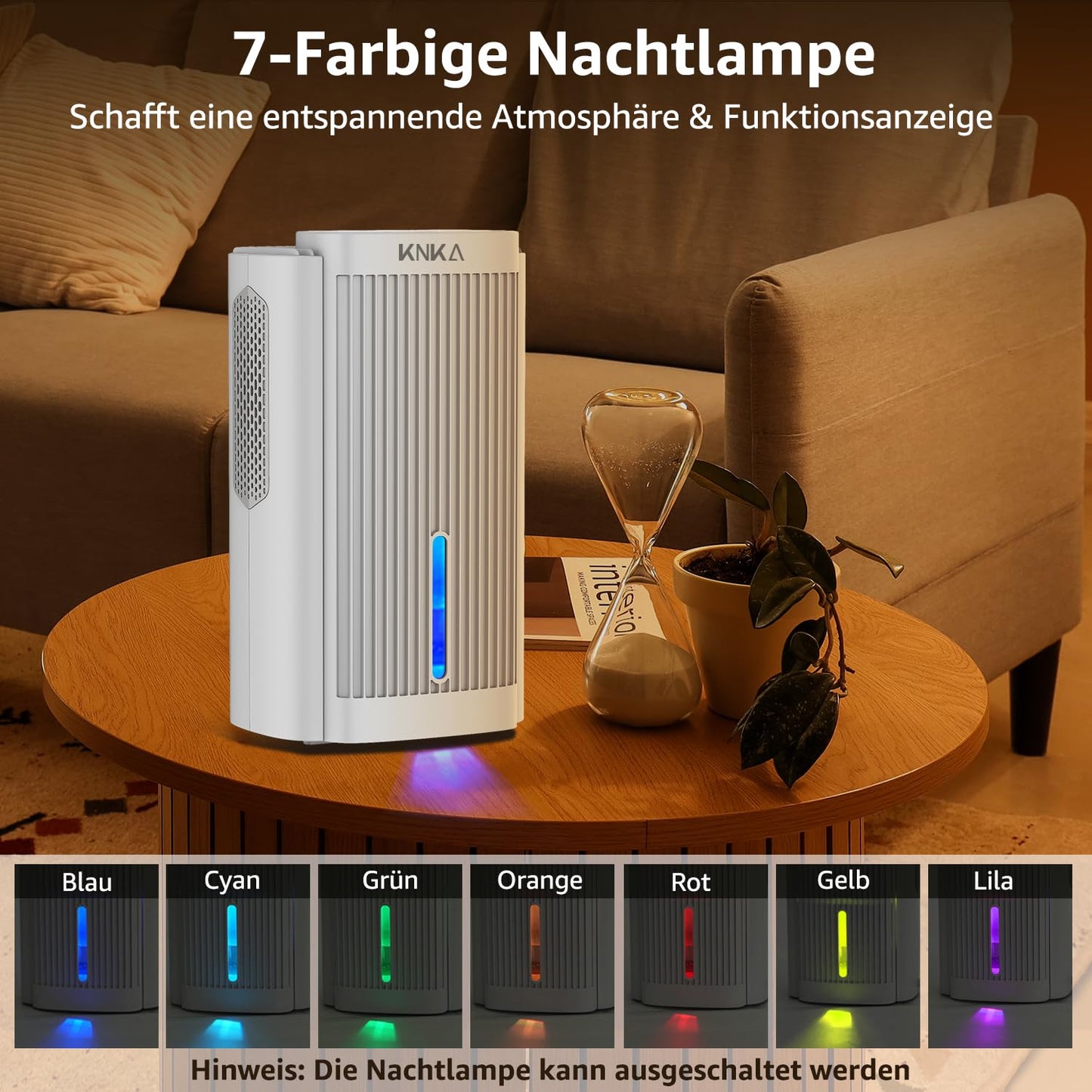 KNKA Dehumidifier, Electric Dehumidifier, 1.1L, Room Dehumidifier below 28dB for Apartment, Bathroom, Basement, with Automatic Shutdown and Sleep Mode, Colorful Night Light (White)