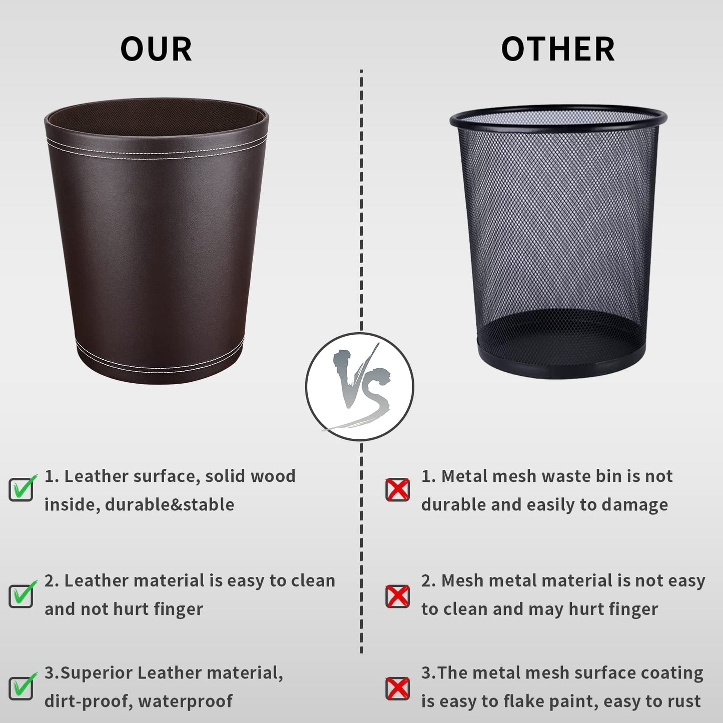 GORESE Trash can Office - Black leather trash can, modern design, waste bin for kitchen, bathroom, office (Brown)