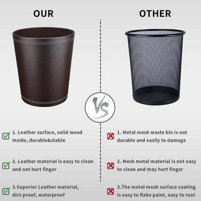 GORESE Trash can Office - Black leather trash can, modern design, waste bin for kitchen, bathroom, office (Brown)