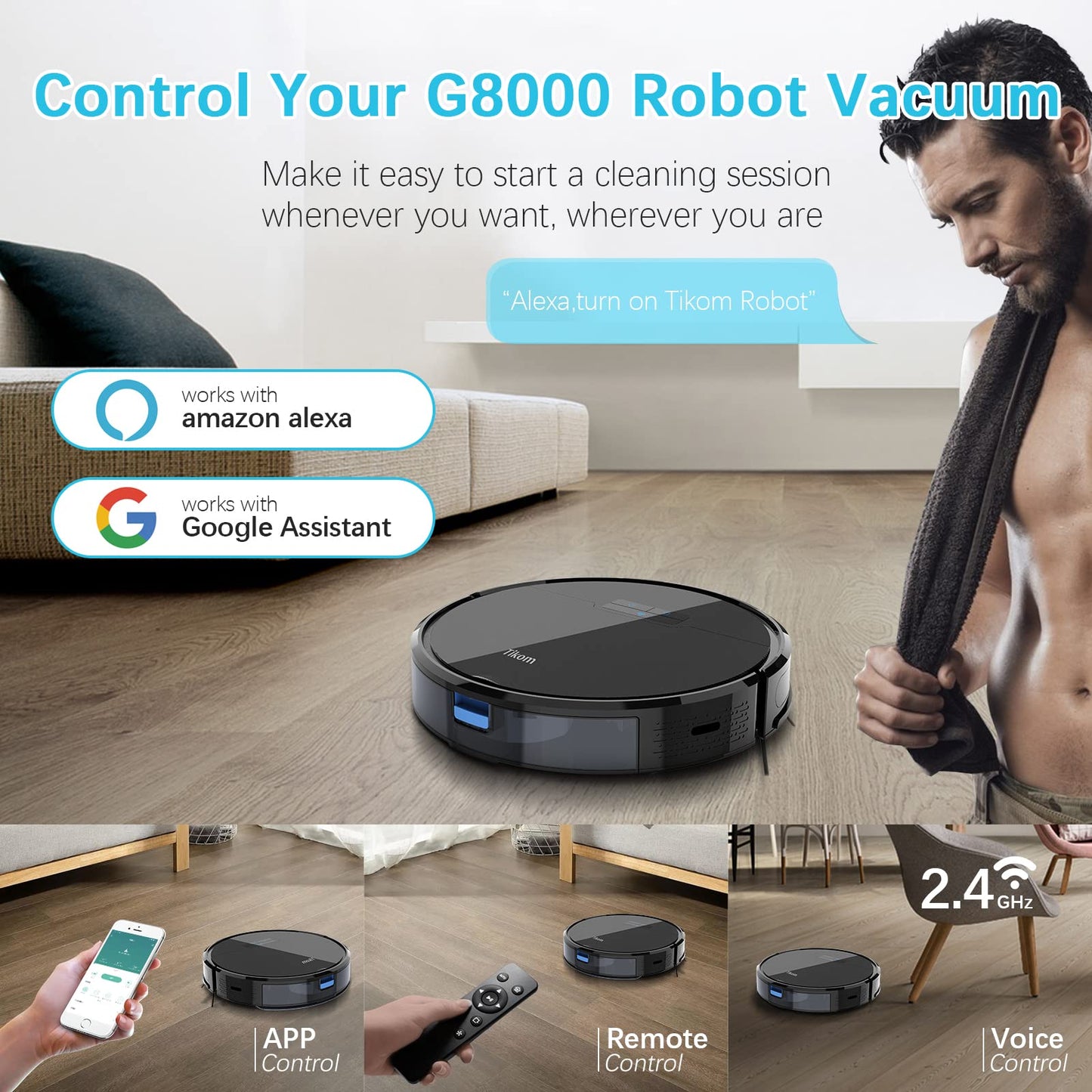 Robot vacuum cleaner, Tikom G8000 robotic vacuum with mopping function, 2700Pa suction power, Wi-Fi, for pet hair, carpets, and hard floors, Black