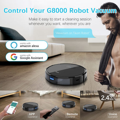 Robot vacuum cleaner, Tikom G8000 robotic vacuum with mopping function, 2700Pa suction power, Wi-Fi, for pet hair, carpets, and hard floors, Black