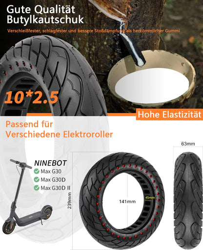"VOLOHAS 60/70-6.5 Solid Rubber Tires 10*2.5 for Segway Ninebot Max G30/G30E/G30LP electric scooter front or rear Honeycomb Tires Anti-slip Puncture-proof (Red Dot 2 PCS)"