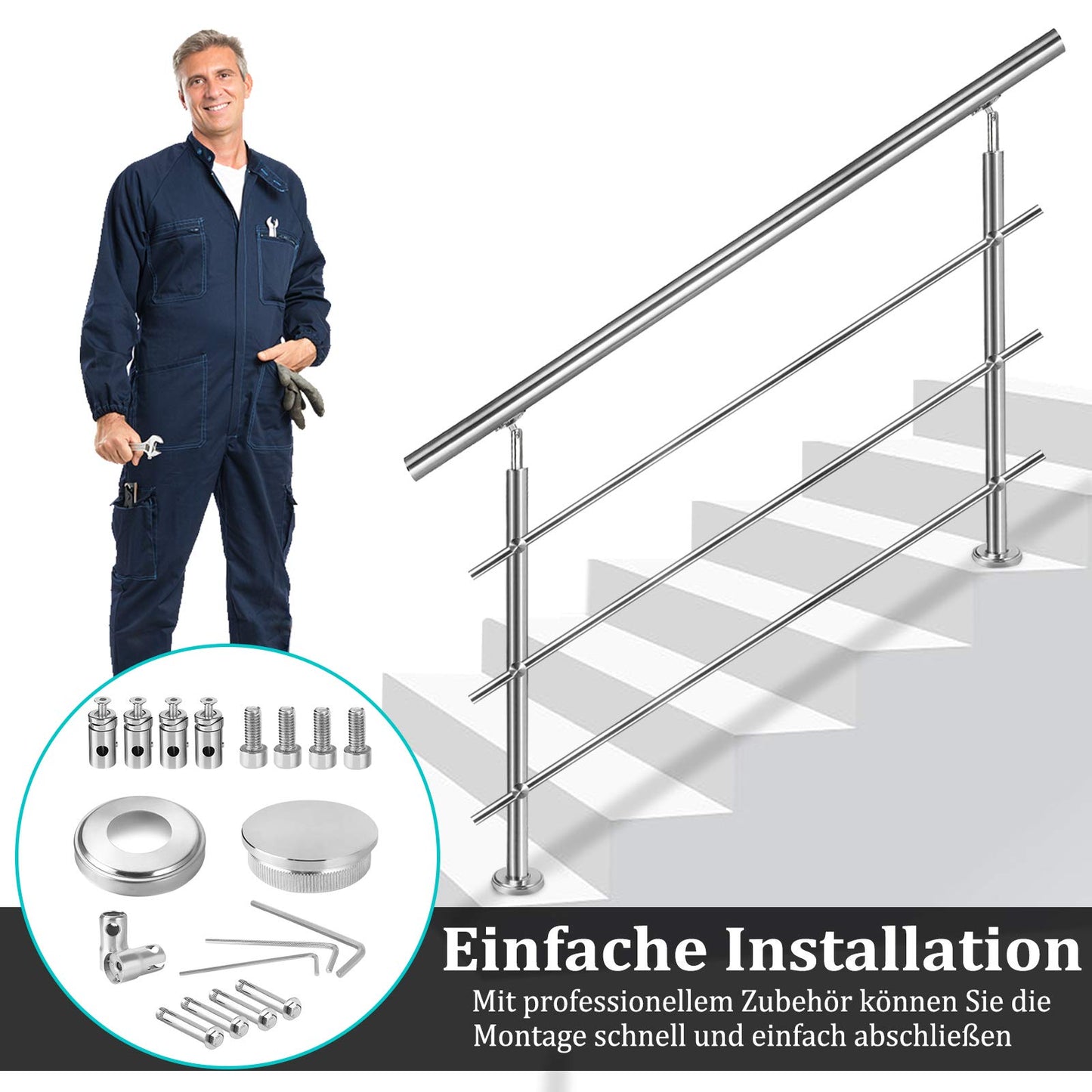 Auf un Stainless Steel Handrail 150cm Staircase Railing Inside and Outside with 2 Posts for Stairs, Balustrade, Balcony (150cm, 0 Crossbars)