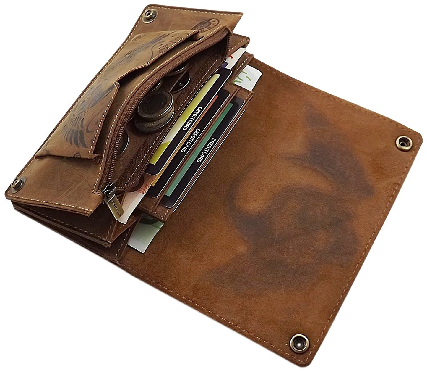 myleathershop Genuine buffalo leather vertical biker wallet with metal chain and skull motif, removable card holder with RFID & NFC protection in brown.