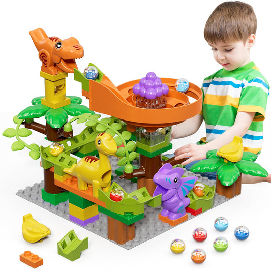 Marble run building blocks dinosaur toys, kids STEM toy dino ball track set for ages 3 4 5 6 boys girls, 67 pcs large blocks ball race learning toy for boys girls 3-7 years