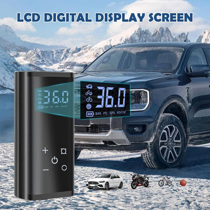 Electric air pump, 150 PSI portable battery compressor, 6000mAh bike pump air compressor for car bike motorcycle balls, touchscreen, rechargeable via USB-C, doubles as emergency light and power bank.