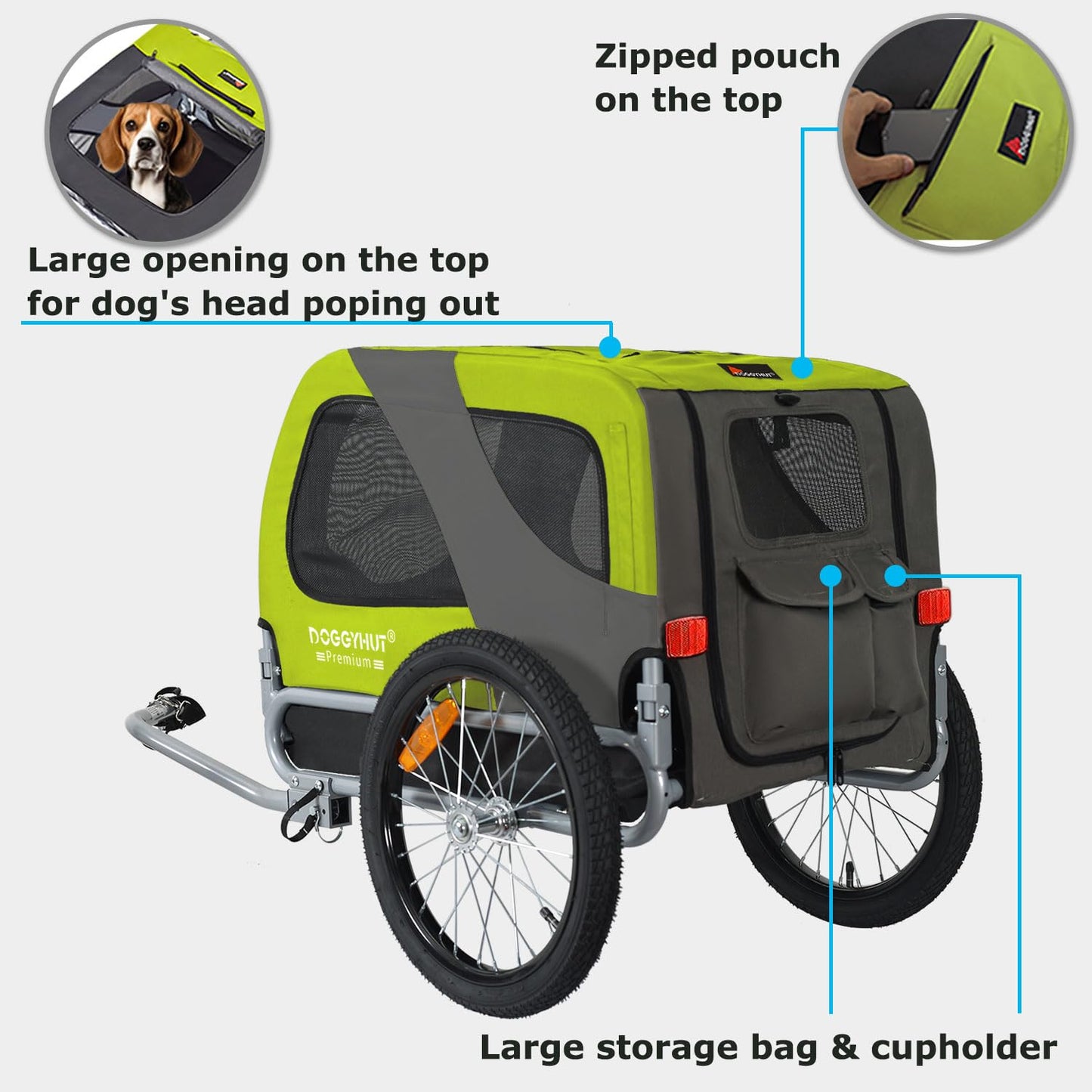 DOGGYHUT® MEDIUM bike trailer for dogs up to 23 kg, foldable (GREEN)