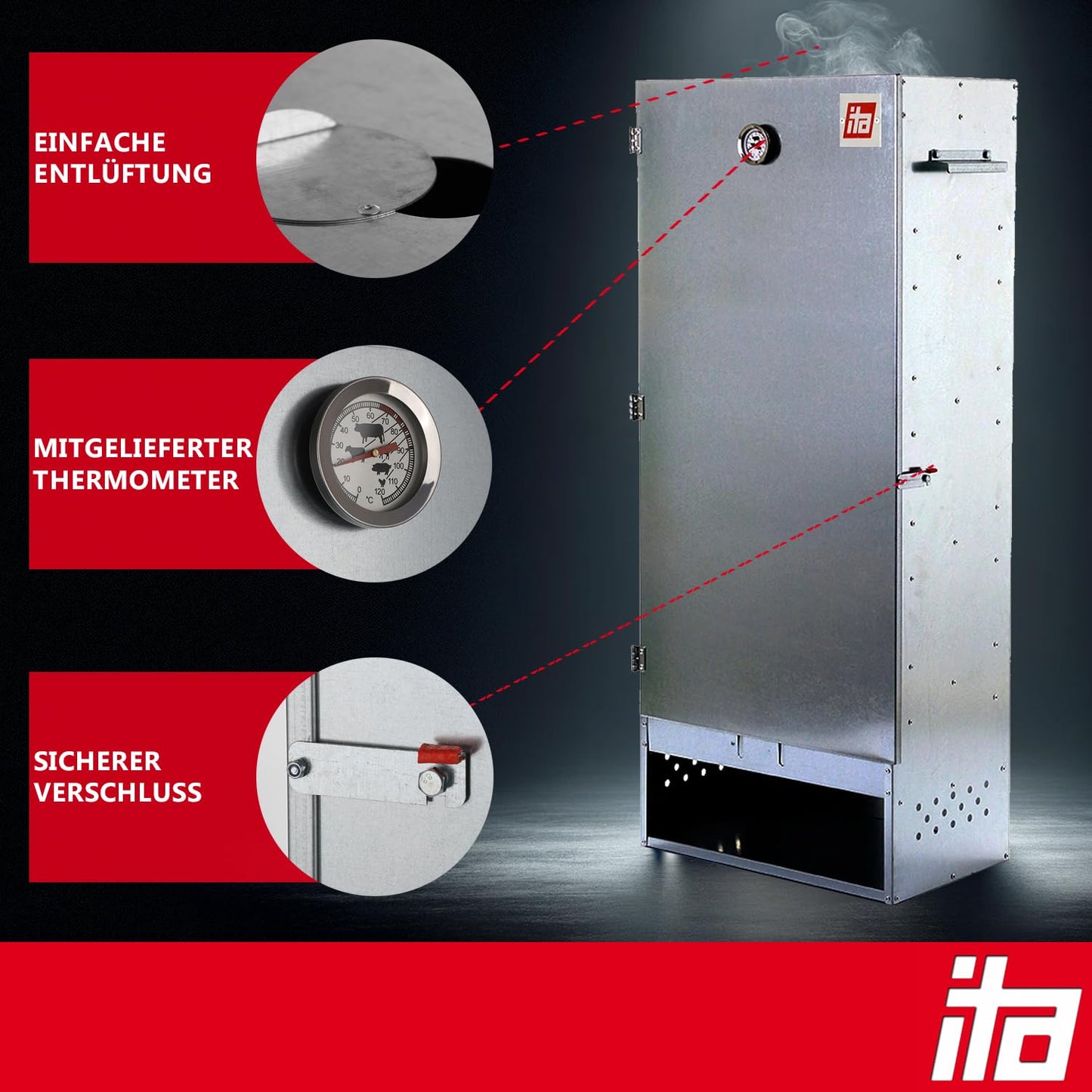 ITA Smokehouse 7003 - Premium XL smoking cabinet with 3 levels 111 cm - Alloy steel - Quality Made In EU Directly from the manufacturer - Smoker for cold smoking & hot smoking - For up to 13kg of meat