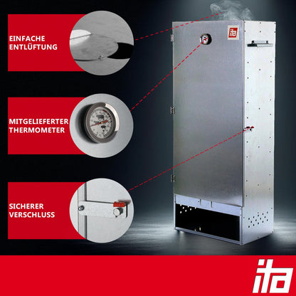 ITA Smokehouse 7003 - Premium XL smoking cabinet with 3 levels 111 cm - Alloy steel - Quality Made In EU Directly from the manufacturer - Smoker for cold smoking & hot smoking - For up to 13kg of meat