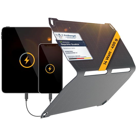 Sunnybag® SUNBOOSTER 14 Solar Panel [Foldable & Efficient!] - Solar Charger (Waterproof & Robust) - Solar Panel with 2X USB for Hiking, Camping & Outdoor - perfect for Phone & Powerbank (14W Power)