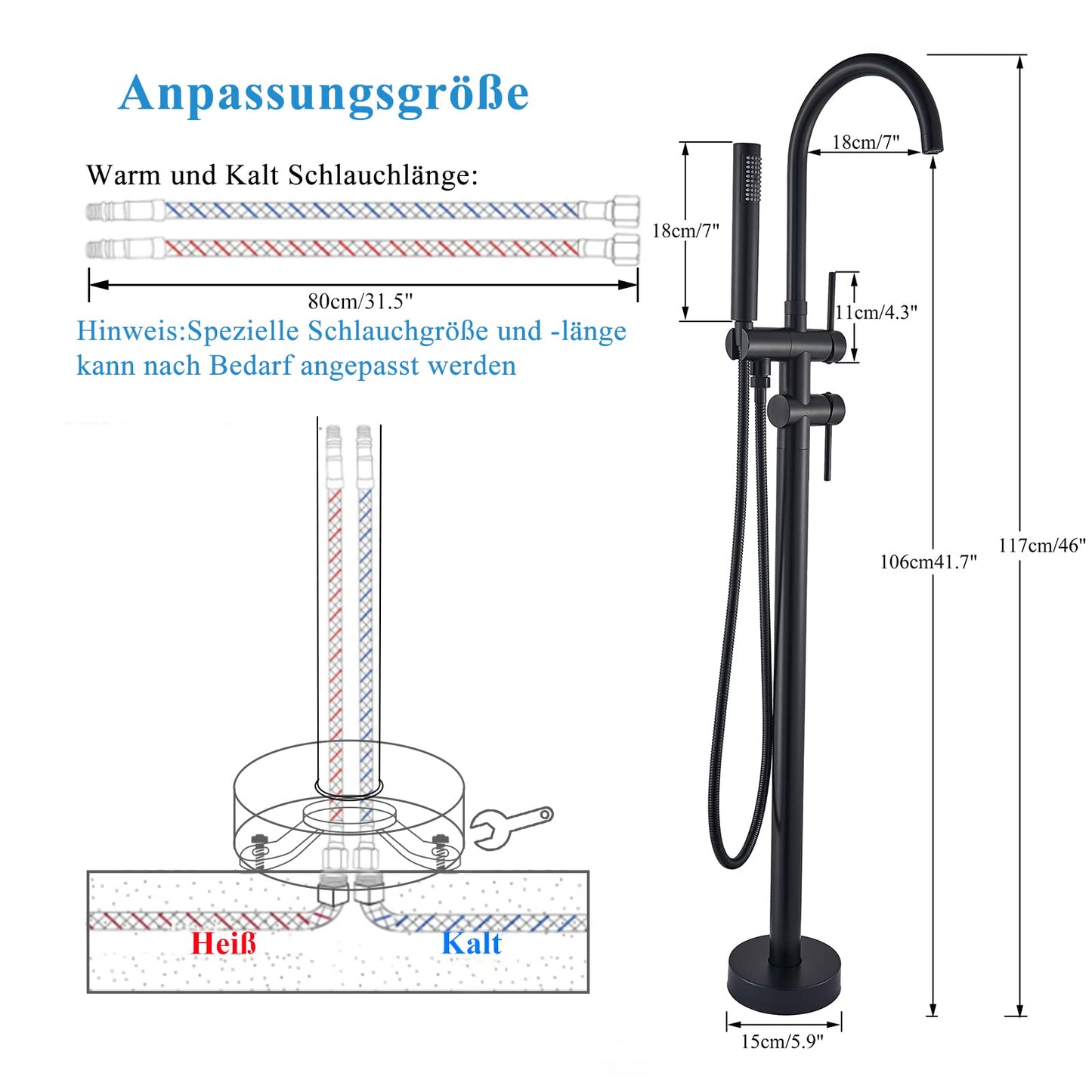 Rozin Freestanding Tub Faucet Black Bathroom Faucet with Hand Shower Floor Mount Bathtub Faucet 2 Handles 360° Rotate Shower Faucets for Tub