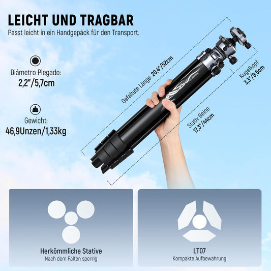 NEEWER LITETRIP LT07 61" Aluminum Travel Tripod, Camera Tripod with Pan Tilt Low Profile Ball Head Arca QR Plate compatible with Peak Design Tripod Plate V3, 2 in 1 Phone Clip Handle Max Load 22lb