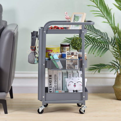 Kingrack rolling cart, 3-tier metal rolling cart, slim kitchen cart, multipurpose cart for kitchen cosmetics, shelf cart with perforated plate, wheels, hooks, baskets, handles, locking casters, serving cart for office, garages.