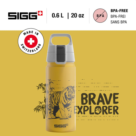 SIGG - Aluminum Kids Water Bottle - WMB ONE Brave Tiger - Suitable for Carbonated Drinks - Leakproof - Ultra Lightweight - BPA-Free - Climate Neutral Certified - Sports & School - Yellow - 0.6L