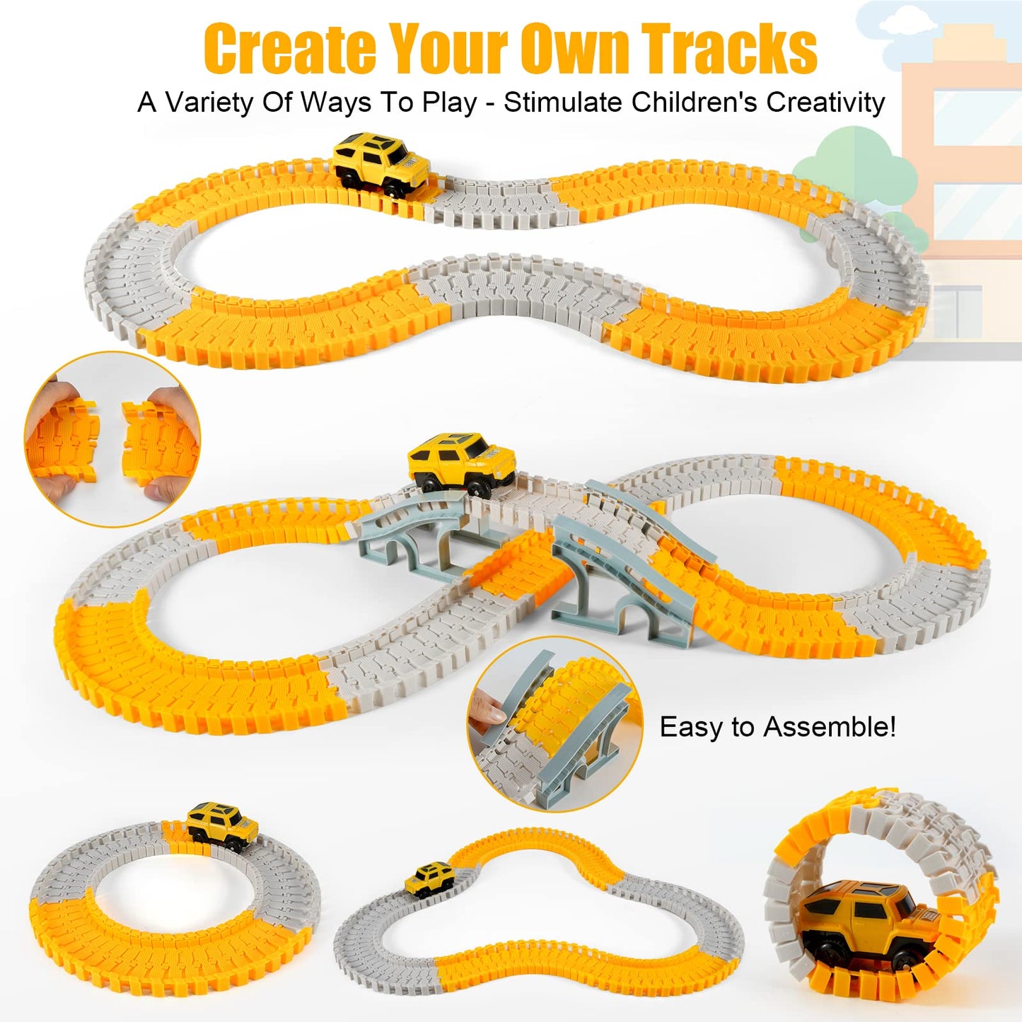 Kizplays 260pcs Car Race Track 6 Cars Excavator Toy from Toy Cars Highway from 3 4 5 6 Years Boys Girls, Flexible Track Crane Games, Electric Car Racing Track for Children Gift