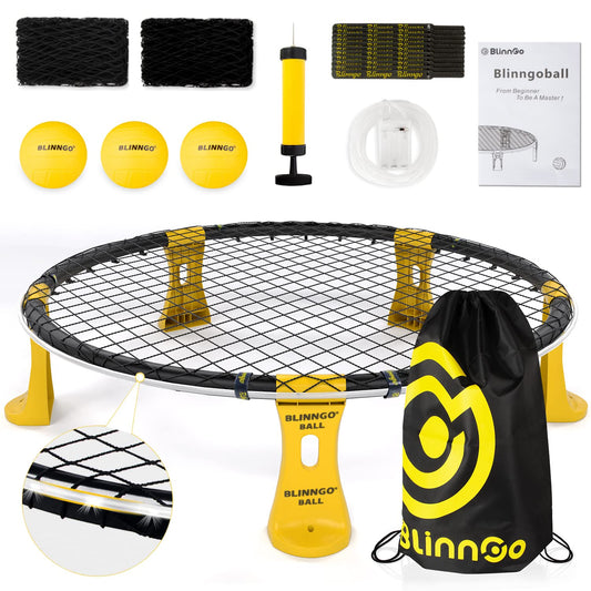 Mookis Blinngoball Outdoor Roundnet Game Set, includes game net, 3 balls, drawstring bag, ball pump with 1 needle, and instruction manual and more.