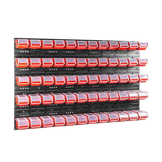 60-piece box with lid + wall shelf 120 x 80 cm, stackable bins, tilt shelf, storage boxes storage system (RED)