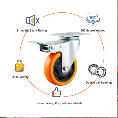 BAOLIHUI 4-Pack Furniture Casters 100MM Casters with Brake 600KG Heavy Duty Casters Furniture Transport Rollers Workbench Tool Cart Pallets Orange