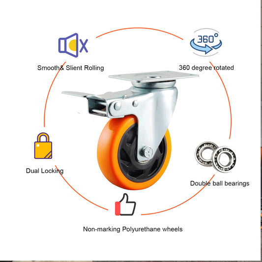 BAOLIHUI 4-Pack Furniture Casters 100MM Casters with Brake 600KG Heavy Duty Casters Furniture Transport Rollers Workbench Tool Cart Pallets Orange