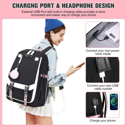 Bevalsa school backpack set for girls with lunch bag, 21L waterproof large casual daypack for elementary students in black color.