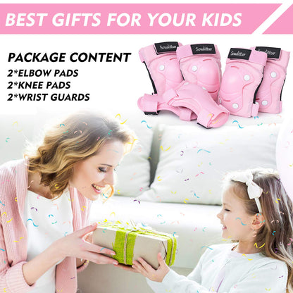 Soudittur Kids Knee Pads Inline Skates Protectors Set 3 IN 1 Children's Knee Elbow Wrist Guards Set for Inline Skates Roller Skates Skateboarding Scooter Riding (Pink, M)