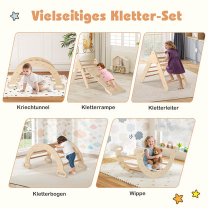 GOPLUS Climbing Frame Indoor, 4 in 1 Climbing Triangle & Climbing Arch & Ladder & Slide, Rung Triangle Playground for Climbing, Sliding and Rocking, for Toddlers from 1 year old (Natural)