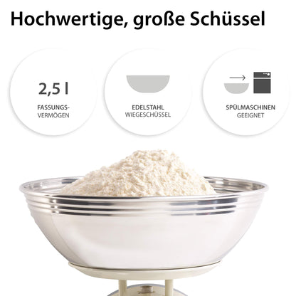 ADE Retro-style mechanical kitchen scale | precise display up to 8 kg | classic analog metal bowl scale | high-quality removable stainless steel bowl | cream white