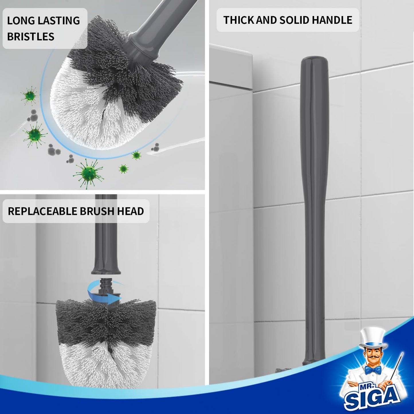 MR.SIGA Toilet Brush with Holder, featuring fast-drying container and sturdy handle. Premium bathroom brush in Gray.