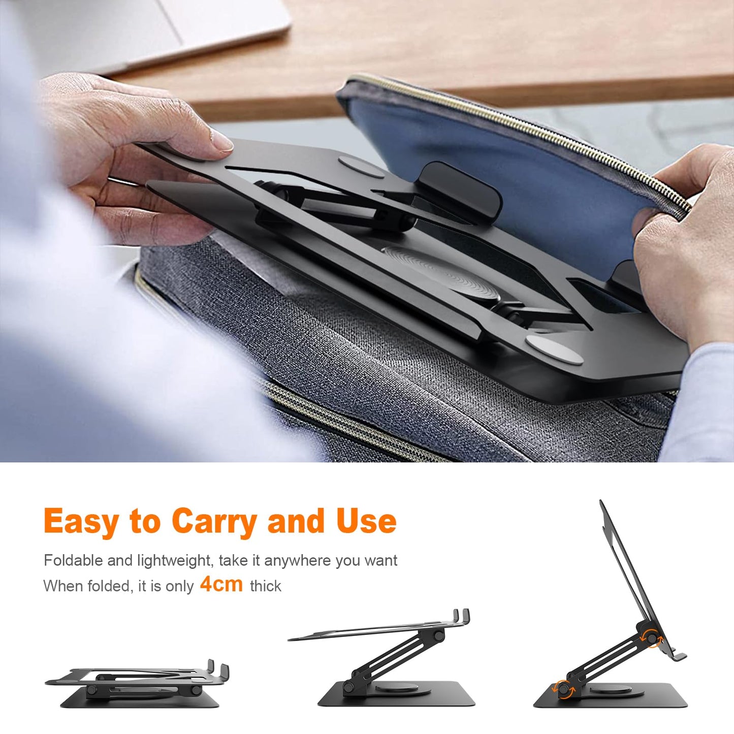 GRIFEMA Laptop Stand Adjustable Height, GB1050 Foldable Laptop Stand with 360° Rotating Base, Ergonomic & Ventilated - Compatible with MacBook Air/Pro, Dell, and 11-17 inch Notebooks - Black