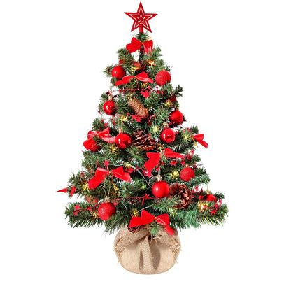 Artificial Christmas tree (WBD) 90 cm green with red Christmas decorations and LED fairy lights with battery box and remote control small artificial fir tree