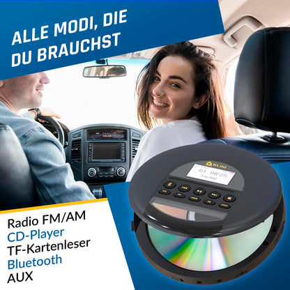 KLIM Nomad CD Player Bluetooth - Portable CD player Discman with long-lasting battery - Includes headphones - CD-R, CD-RW, MP3 - With TF reader, FM radio - Ideal for cars - Portable CD player Discman