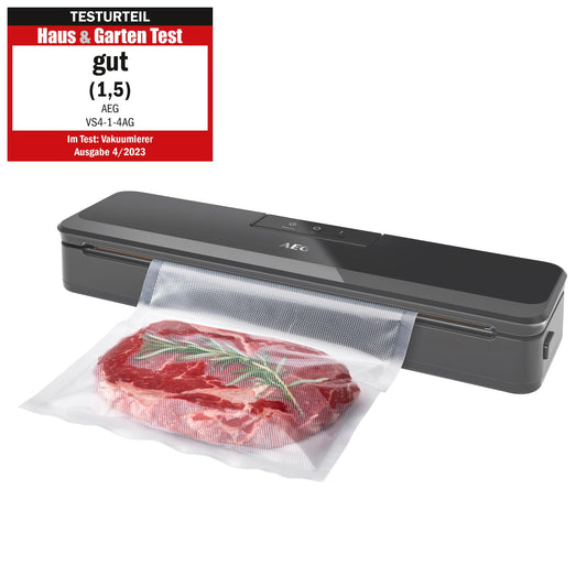 AEG VS4-1-4AG vacuum sealer (Fast and strong sealing of food, pulse function, no air bubbles, sleek design, quiet, includes 10 bags - 30 cm long, BPA-free, grey)