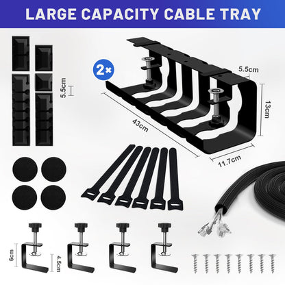 Lannvan Cable Channel Desk without drilling - 2 pack Cable Management Desk Clamp Under Desk - Includes Accessories - 43 x 13 x 12 cm Cable Holder Cable Tray Table - Cable Basket Black