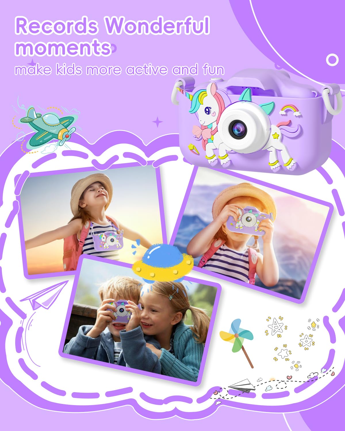 Children's camera, OAEBLLE digital camera, kids camera for 3 4 5 6 7 8 9 10 11 12 year old girls boys birthday gift Christmas toy, anti-drop digital cameras with 32GB TF card - purple.