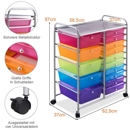 GOPLUS rolling cart with 15 stackable drawers, color options, utility cart household trolley storage cart bathroom cart shelf cart (Colorful)