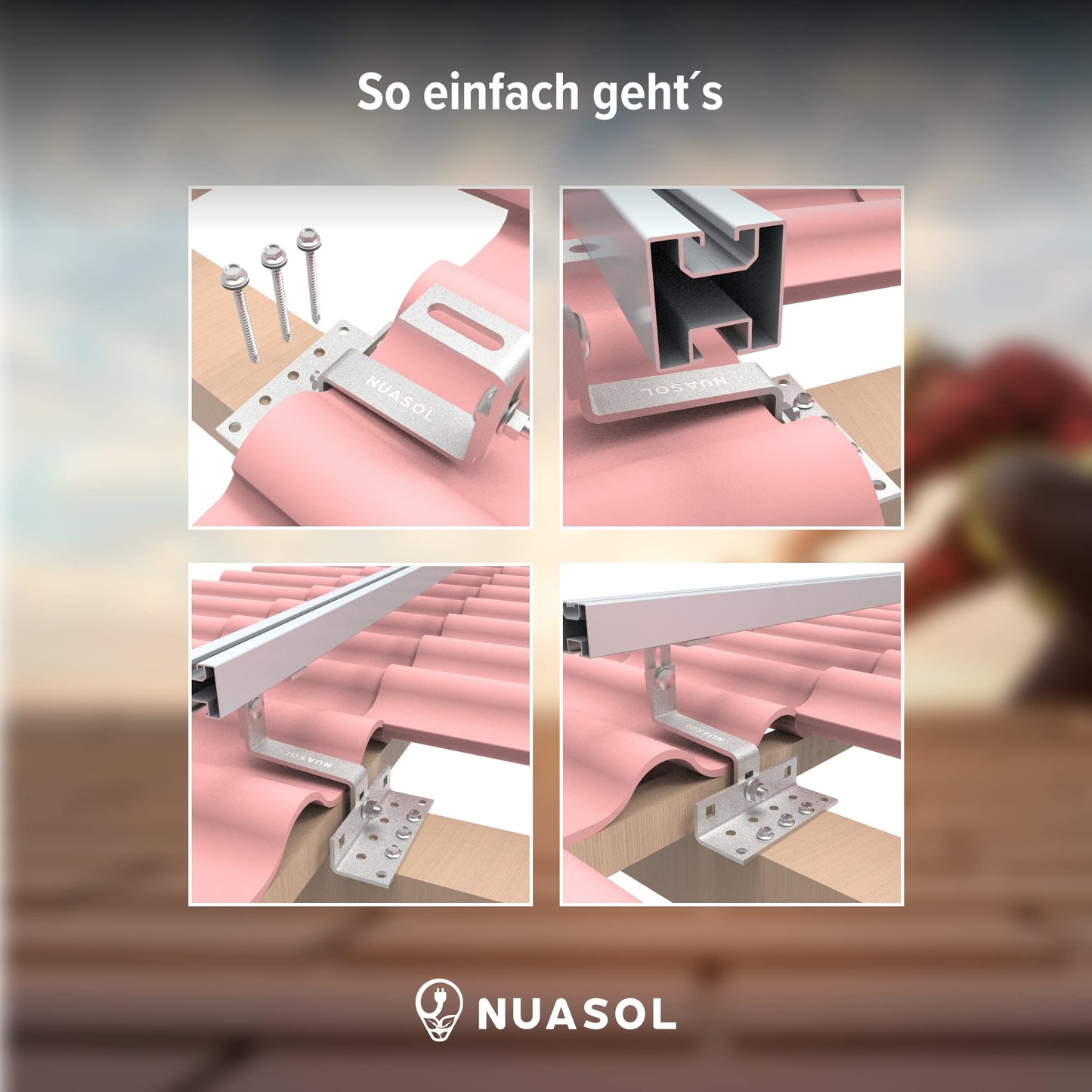 NuaSol PV Photovoltaic 2-set Mounting Kit Tile Roof Mount Rail Roof Hook - incl. Solar Aluminum Profile, End Caps, 35mm End Clamps, up to 115cm Width per Module and 35mm Height, Silver