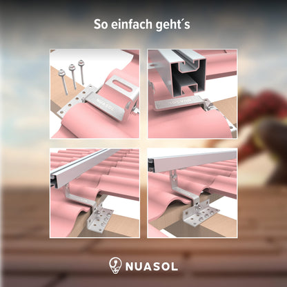 NuaSol PV Photovoltaic 2-set Mounting Kit Tile Roof Mount Rail Roof Hook - incl. Solar Aluminum Profile, End Caps, 35mm End Clamps, up to 115cm Width per Module and 35mm Height, Silver