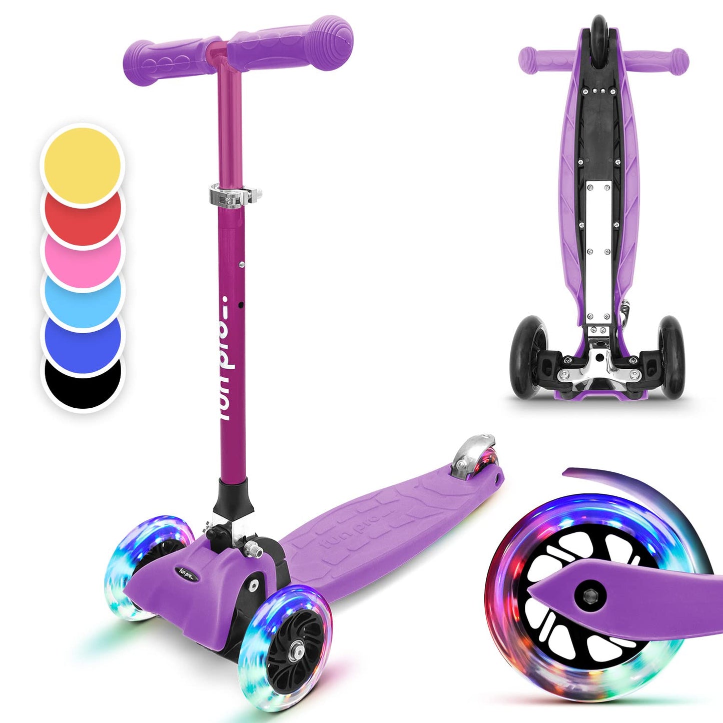 Fun Pro ONE scooter, the safe premium scooter for kids aged 3 and up, with LED wheels, foldable, for toddler boys and girls, suitable for kids aged 3-6 years.