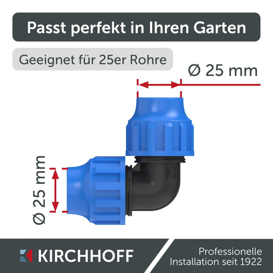 Kirchhoff Fitting Connection Angle 90° | Plastic | 25 x 25 mm | for HDPE pipe | 3 pieces in a set | Various sizes | DVGW certified | Drinking water quality | Made in EU, Black, 25 mm, 984845217-3