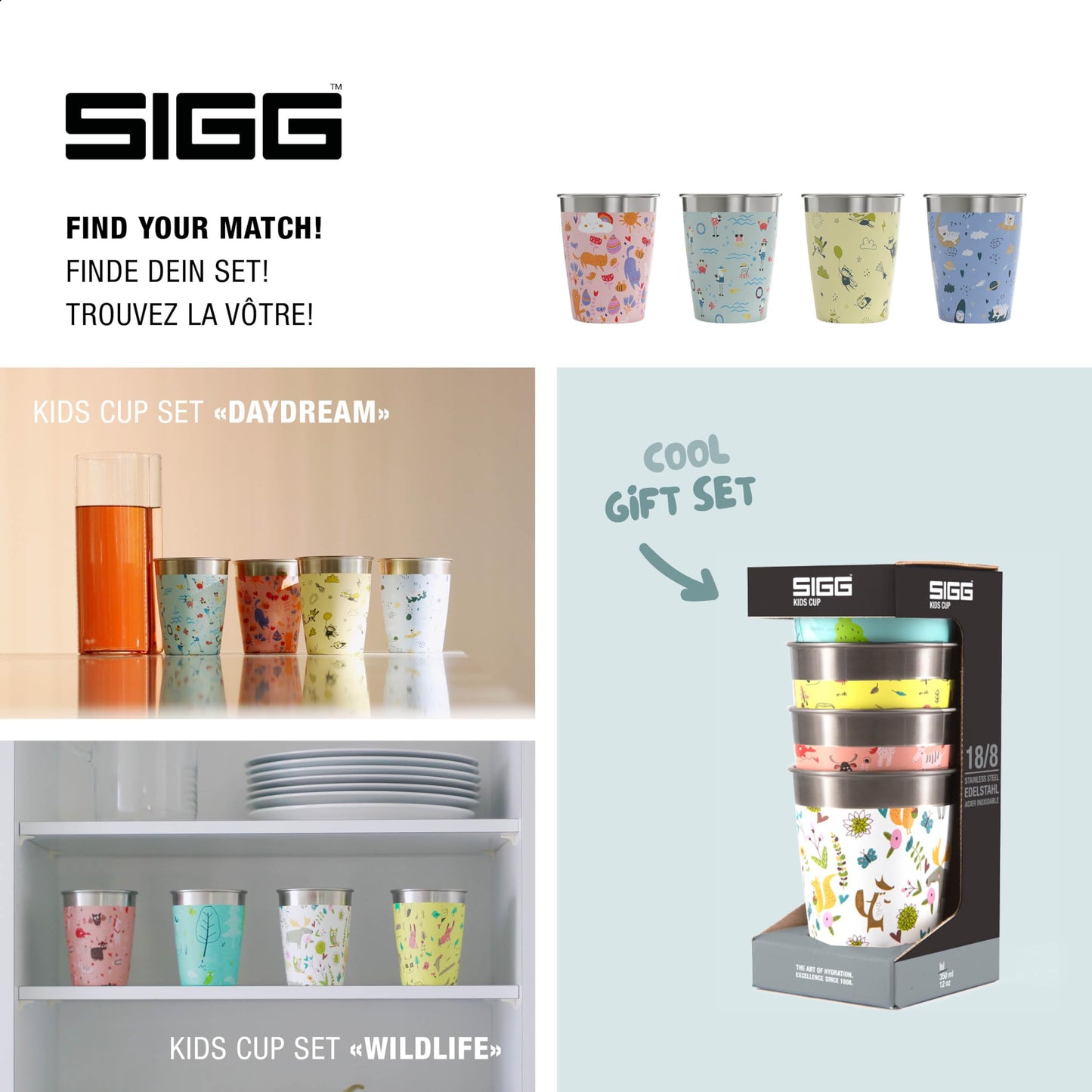 SIGG Children's Cup Set (4 x 0.35 L), drinking cups for kids in 4 colorful designs for boys and girls, practical stainless steel cups for home and on the go.