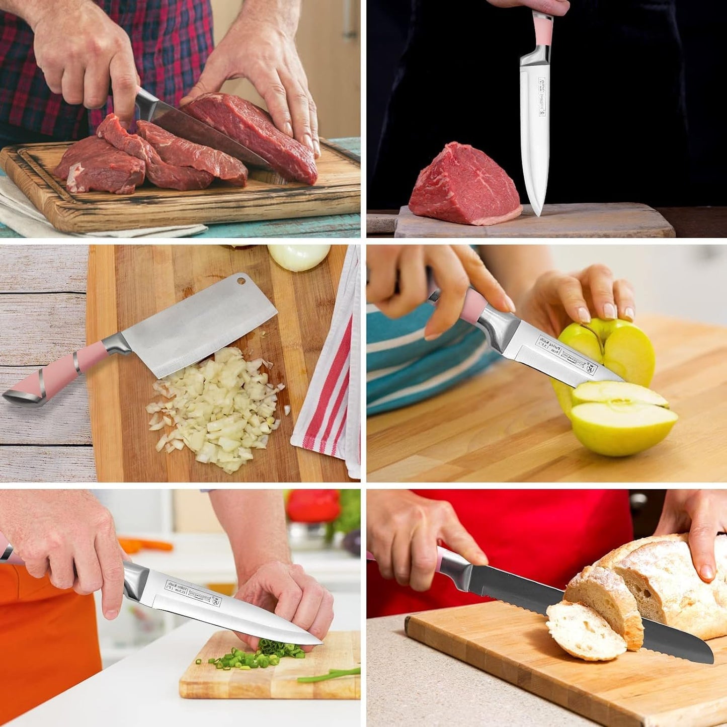 9-piece pink sharp non-stick coated chef knife block set, stainless steel knife set for kitchen with sharpener for slicing, cutting, dicing, chopping (pink)