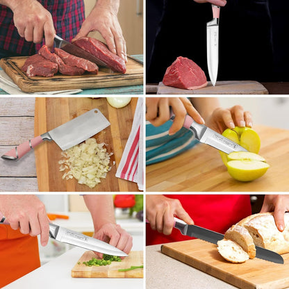 9-piece pink sharp non-stick coated chef knife block set, stainless steel knife set for kitchen with sharpener for slicing, cutting, dicing, chopping (pink)
