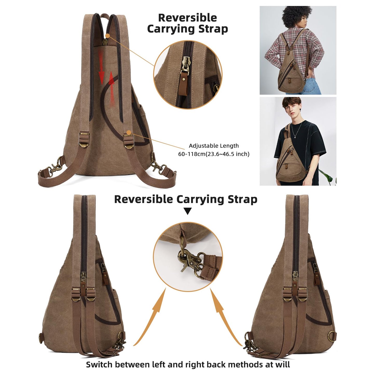 KL928 Canvas Sling Bag Backpack for women and men - shoulder bag crossbody bag with adjustable shoulder strap perfect for outdoor sports, hiking, cycling, mountaineering, traveling.