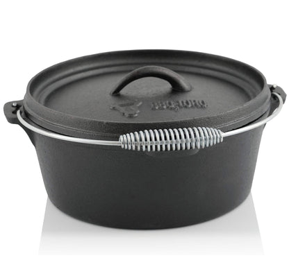 BBQ-Toro 7-piece Dutch Oven Set in wooden box | Cast iron - pre-seasoned | Includes Dutch Oven, pot, grill plate, pan, lid lifter, and trivet.