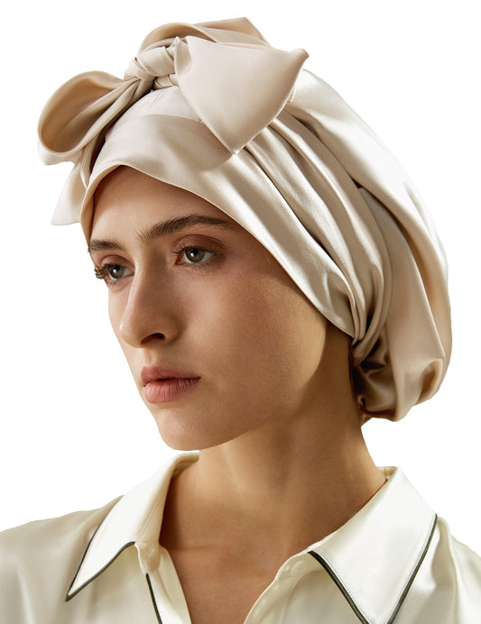 LilySilk 100% Pure Mulberry Silk Sleep Cap for Women Natural Silk Cap for Sleeping and Hair Care Night Hair Wrap with long elastic band to keep, Yellow Stone