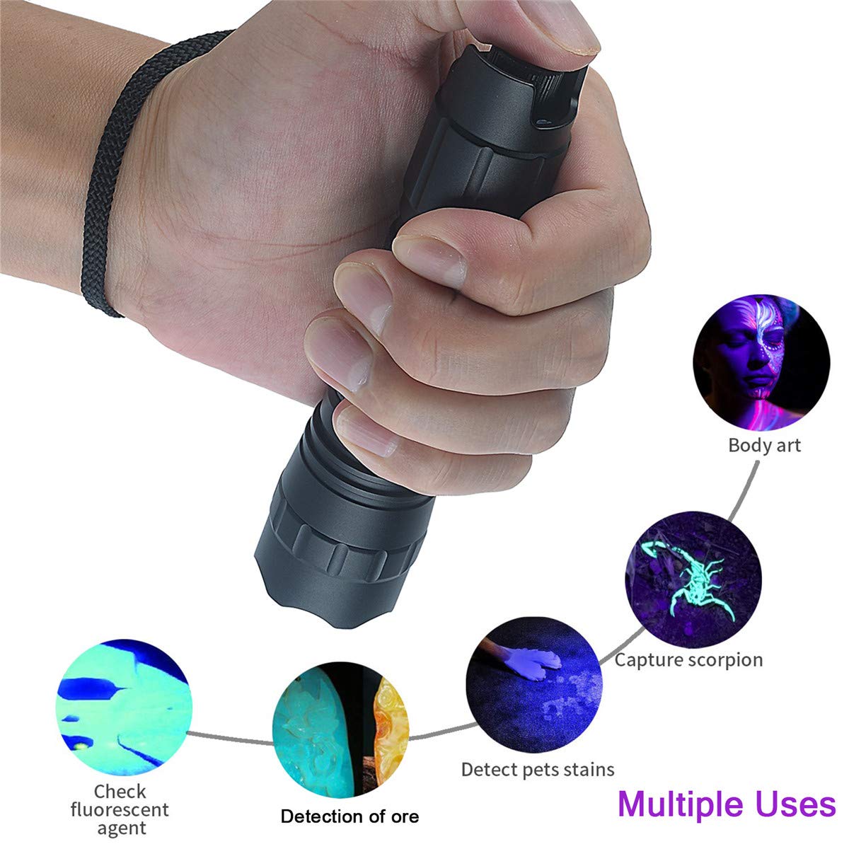 UltraFire UV flashlight 395-405 nm black light LED flashlight, zoomable UV light, stepless dimming UV lamps, small ultraviolet light