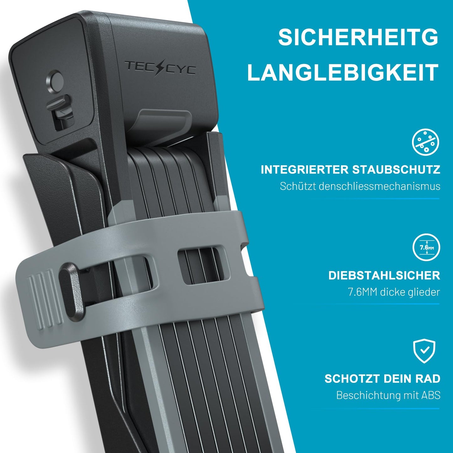 TECHCYC bike lock, folding bike lock with 3 keys, theft-proof, sturdy bike lock made of hardened carbon steel, high-security bike lock including bracket (120cm)